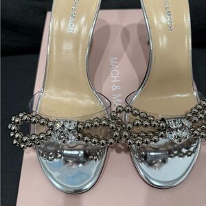MACH & MACH Silver Crystal-Embellished Clear Strap Heels